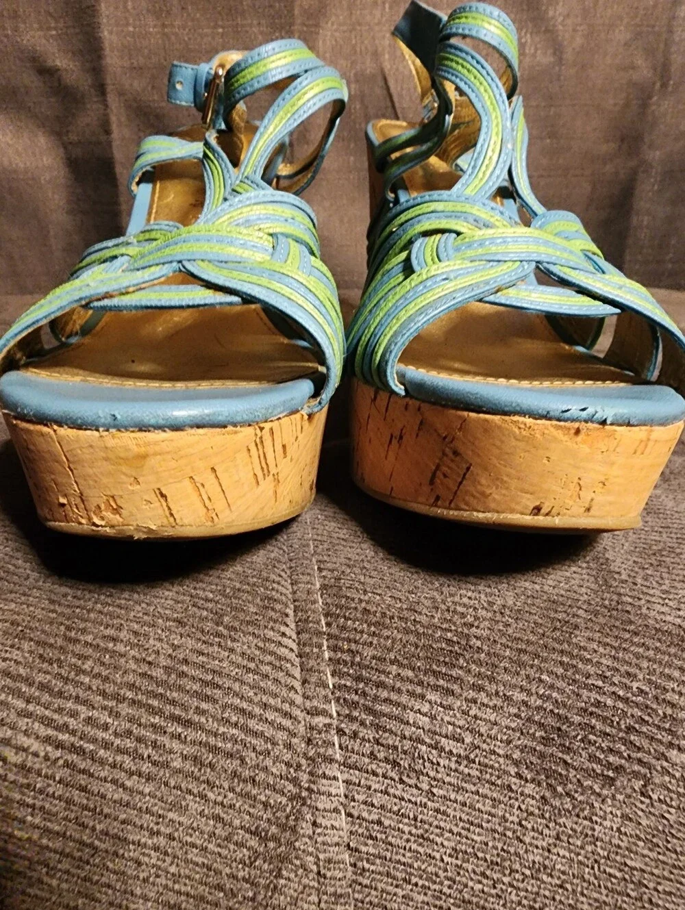 Ivanka Trump Blue Green Cork Platform Wedge Sandals Approx Size 7